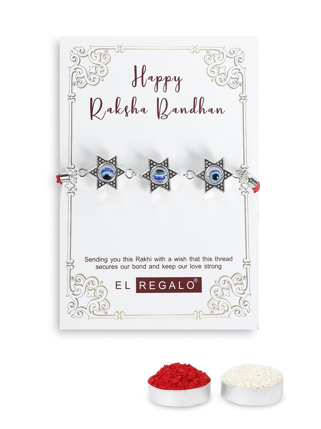 El Regalo 2PCs Designer Stars Evil Eye Rakhi Combo Set for Bhaiya-Bhabhi/Niece or Nephew with Roli Chawal in Rakhi Gift Box