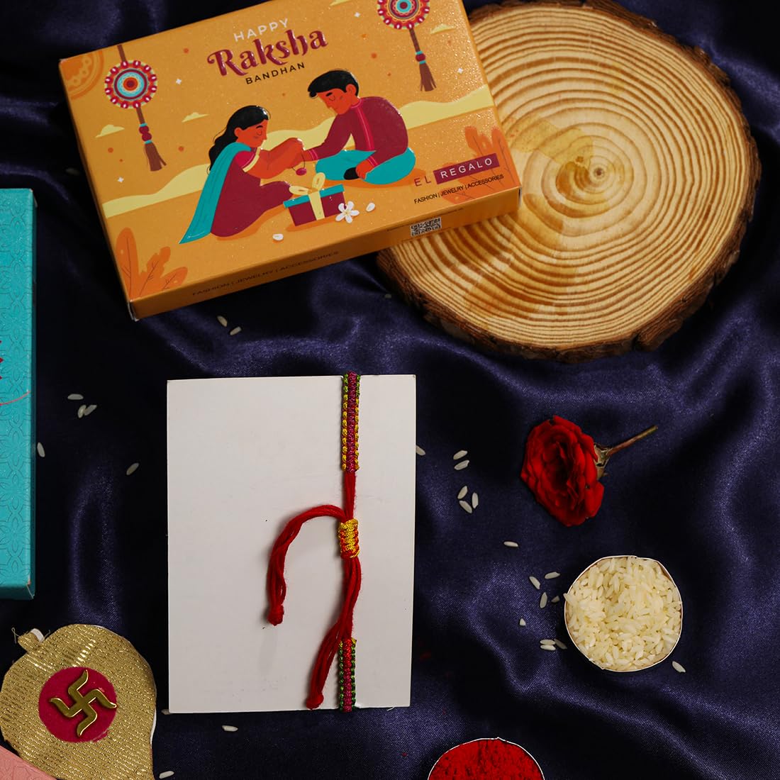 El Regalo Auspicious Shiva Damroo Mauli Thread Rakhi for Brother- Antique Damru Rakhi with Roli Chawal Shagun, Message Card in Rakshabandhan Gift Box (Multi Blue)