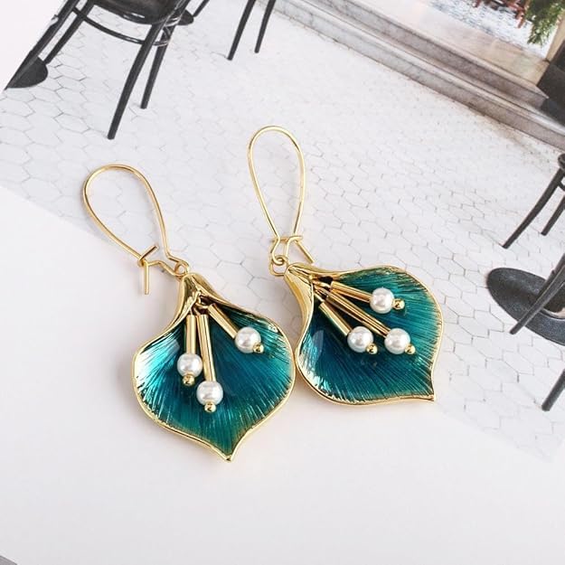 El Regalo Peacock Pearl Orchid Earrings- Enamel Glaze Orchid Leaf Pearl Hook Earrings for Girls & Women