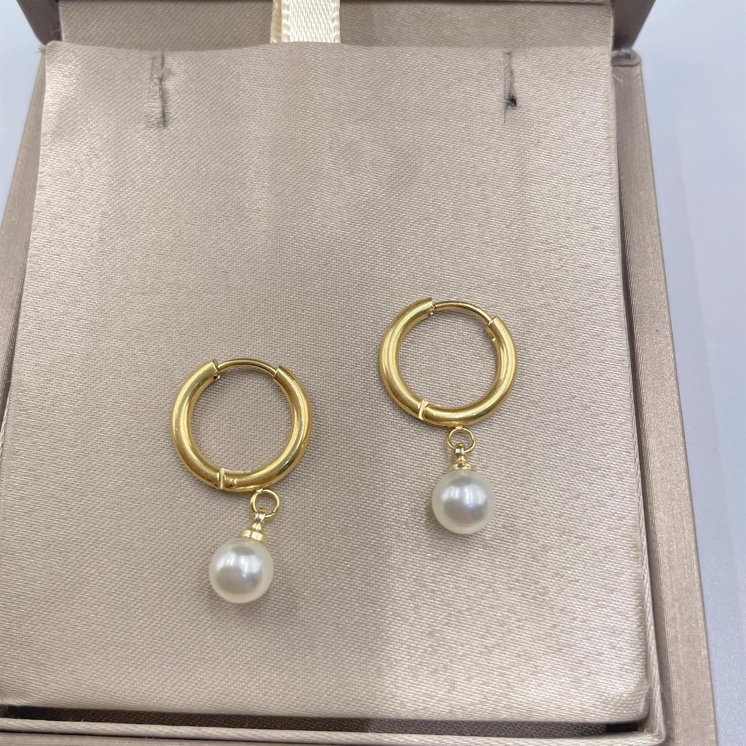 El Regalo Stainless Steel Pearl Hoop Earrings- Anti-Tarnish Small Pearl Drop Huggie Hoop Bali Earrings for Girls & Women (Golden)