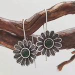 El Regalo Women's & Girl's Vintage Bohemian Style Green Rhinestone Flower Hook Earrings- Elegant Pastoral Style Floral Earrings in Antique Silver Finish