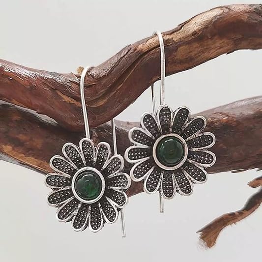 El Regalo Women's & Girl's Vintage Bohemian Style Green Rhinestone Flower Hook Earrings- Elegant Pastoral Style Floral Earrings in Antique Silver Finish