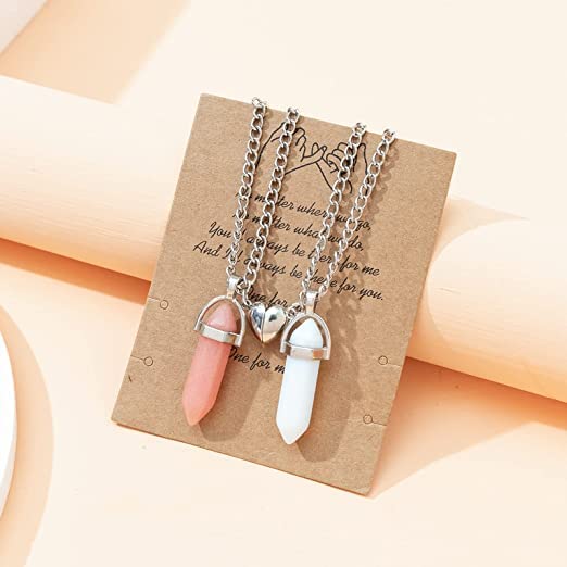 El Regalo Unisex 2Pcs/Set Crystal BFF Best Friend Magnetic Couple Matching Split Heart Pendant Necklaces for Besties/Couples - Valentines Day Gift (Peach & Off White)