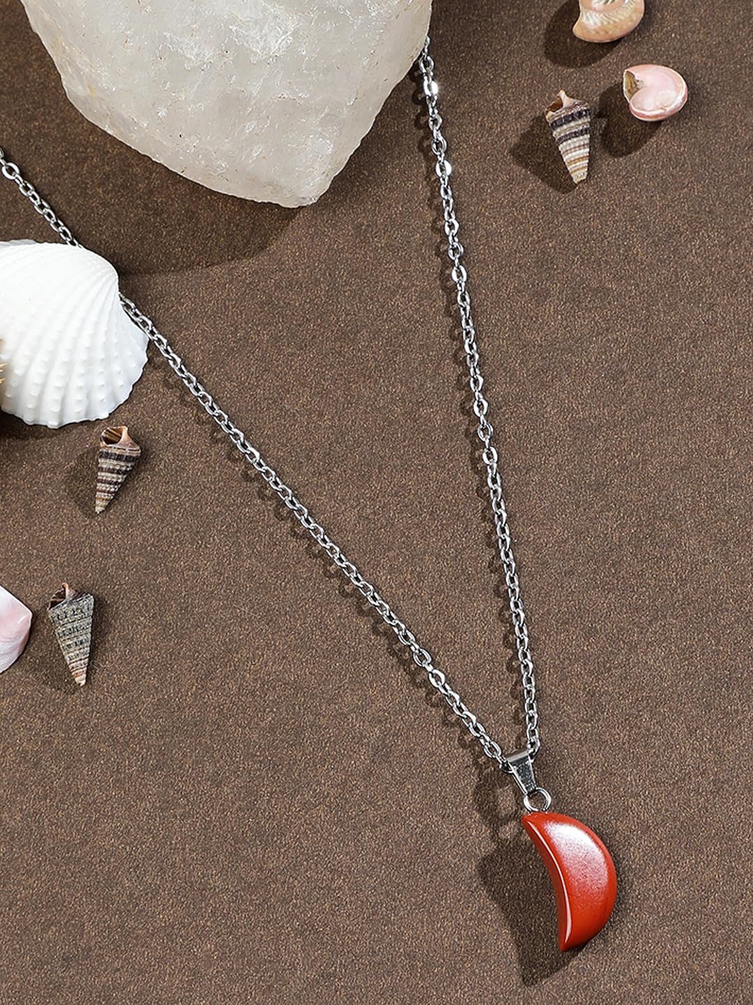 El Regalo Beautiful Agate Crescent Moon Pendant Necklace with Stainless Steel Chain for Girls & Women (Brick Red Moon)