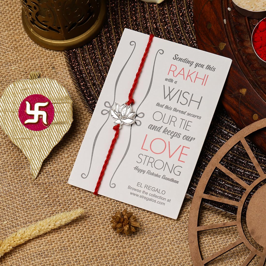 El Regalo 1PC Simple Lotus Flower Rakhi for Brother- Minimalist Lotus Thread Rakhi with Roli Chawal, Rakhi Message Card in Rakhi Gift Box (Option-1)