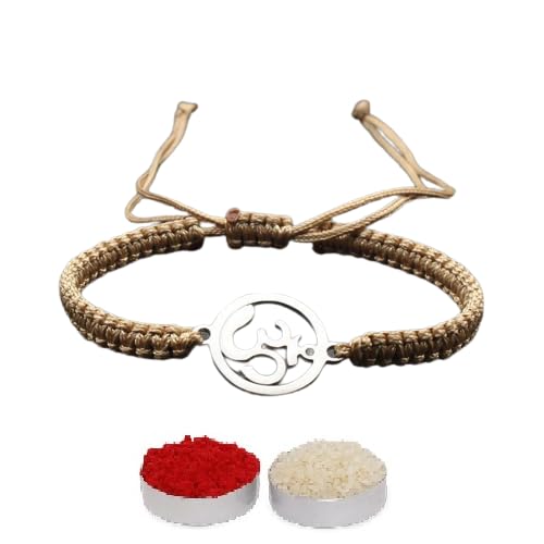 El Regalo Mens 1 PC Stainless Steel OM/Aum Golden Thread Rakhi for Brother - Anti Tarnish/Waterproof Adjustable Rakhi Bracelet for Bhai/Bhatija- Comes with Message Card, Roli-Chawal & Rakhi Box
