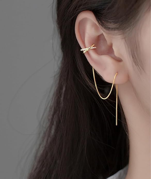 El Regalo Cubic Zirconia Cuff Chain Earrings for Women - Threader Earrings - Criss Cross & Braided Ear Cuff with Long Link Chain - Non-Piercing Cartilage Clip-on Jewelry Gift (Style-2)