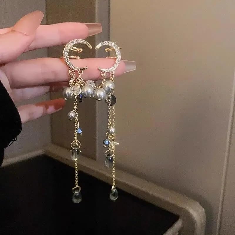 El Regalo Modern Moon Stars, Crystals, Pearls Tassel Ear Cuff Earrings for Non Pierced Ears- Trendy CZ Tassel Ear Cuffs/Clip On Earrings For Women