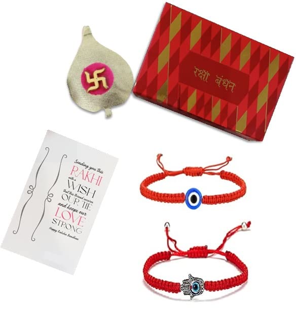 El Regalo Boys Evil Eye Rakhi Combo for Brother - 2 PCs Lucky Kabbalah Blue Turkish Evil Eye Hamasa Hand Red Macrame Rakhi Set for Bhaiya/Bhai/Brother (Evil Eye Rakhi Set- Style 1)