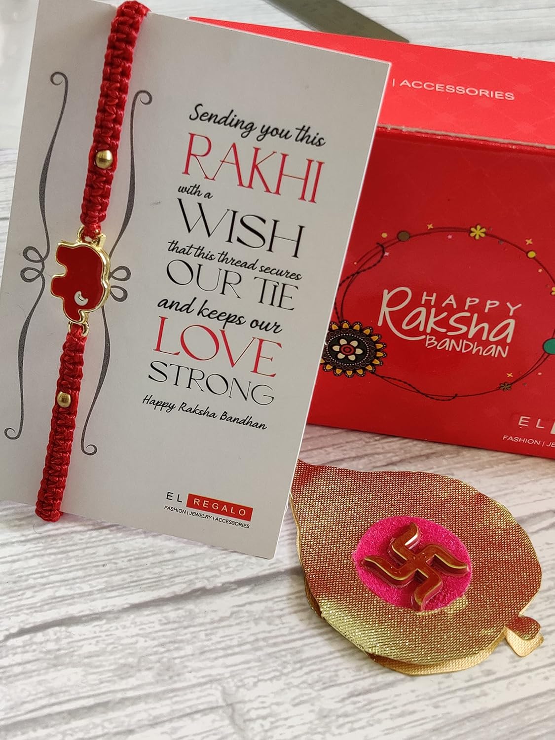 El Regalo 1PC Elephant Evil Eye Rakhi for Brother with & Message Card in Gift Box (Red Elephant Red Rakhi)