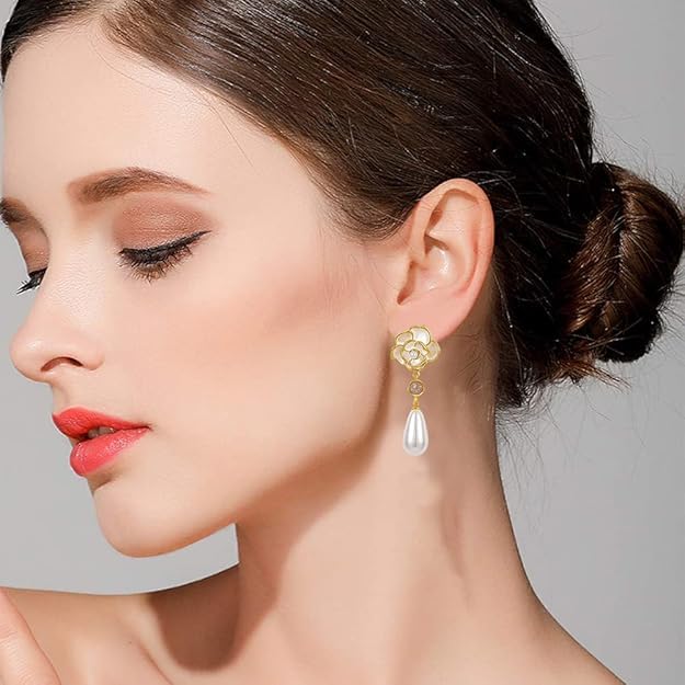 El Regalo Women's & Girl's Elegant White Camellia Flower Pearl Stud Earrings-