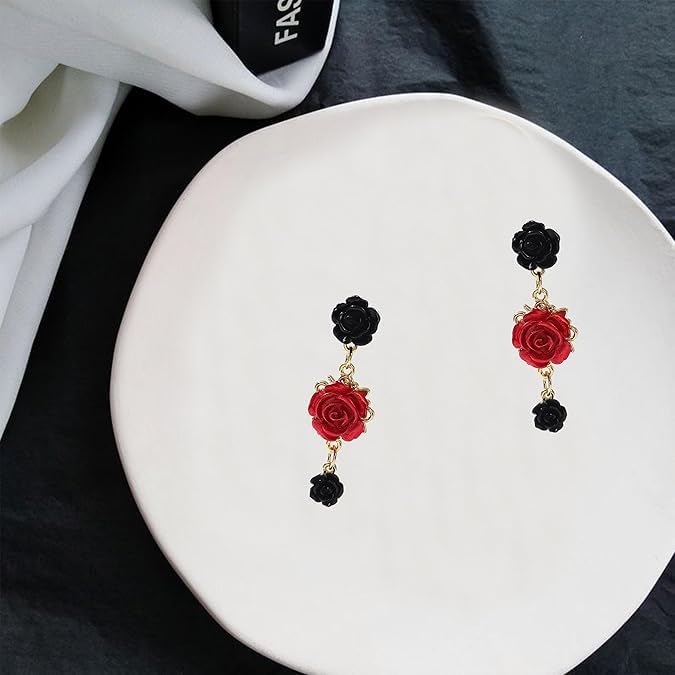 El Regalo Vintage Resin Rose Flower Stud Earrings for Girls & Women - Pretty Blooming Carved Rose Dangle Drop Earrings Statement Jewelry (Black & Red)