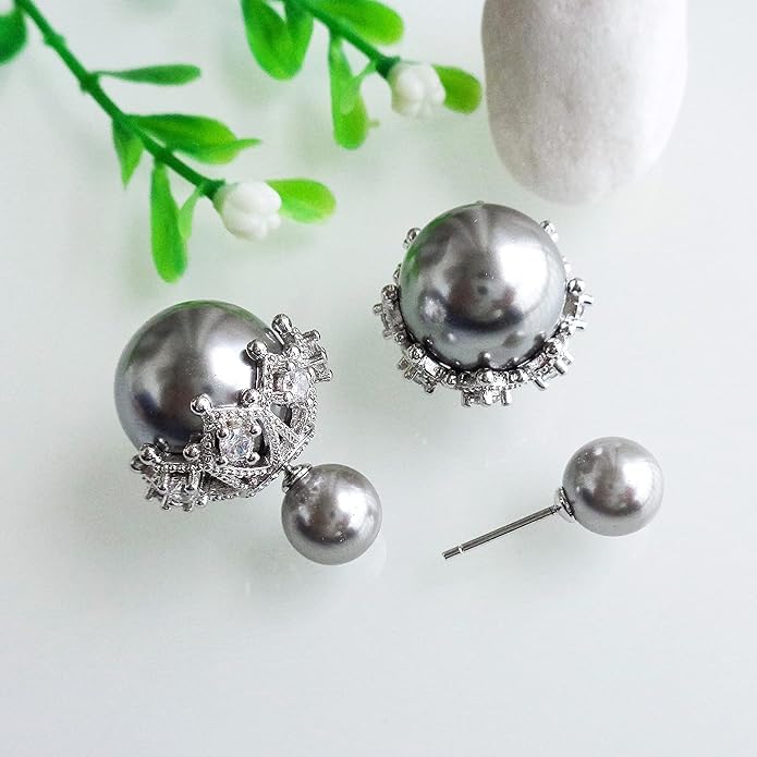 El Regalo Beautiful Double Sided Pearl Earrings for Women - Elegant Crown Rhinestone Front Back Studs | Korean Style Moti Earrings (Silver Grey)