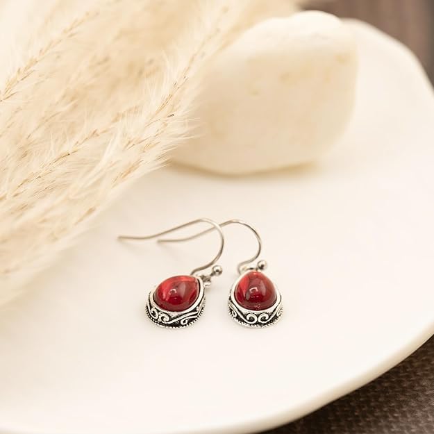 El Regalo Small Vintage Teardrop Earrings for Girls & Women- Elegant Filigree Carved Boho Dangle Earrings, Cut Stone Drop Earrings, Jewelry Gift (Red)