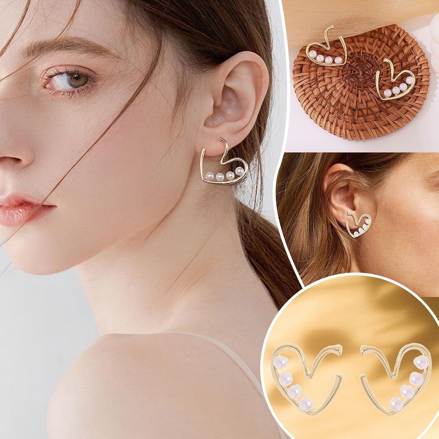 El Regalo Pearl Heart Ear Stud Earrings- Gold Pearl Studs Earrings Love Heart Earrings Jewelry for Women and Girls Gifts