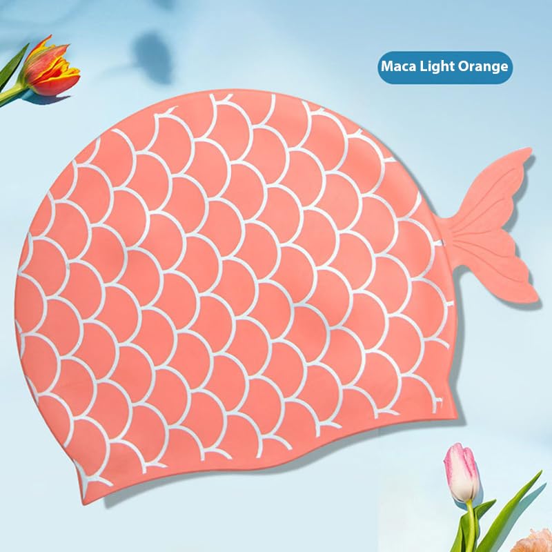 El Regalo 1PC Cute Mermaid Fish Tail Silicon Swimming Cap for Kids, Girls, Boys, and Teens (Orange)
