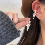 El Regalo Fashionable & Elegant Silver Matt Finish Ear Cuffs for Non Piercing Earrings- Ballet Hollow Cross Ribbon Ear Clips for Girls, Trendy Versatile Clip On Cuff Earrings for Girls & Women