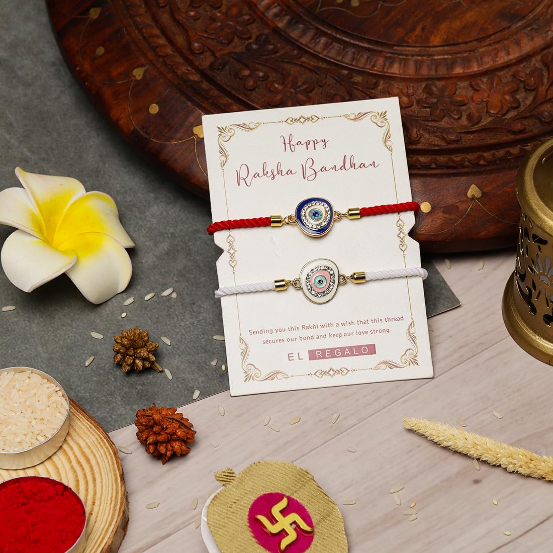 El Regalo Fancy 2PCs Evil Eye Rakhi Set for Brother with Roli Chawal & Rakhi Message Card - Lucky Protection Rakhi to Avoid Negative Energies for Brother/Sister-in-Law/Niece or Nephew (Option-2)