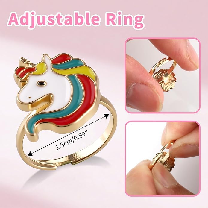 El Regalo 36 Pcs Adjustable Enamel Kids Rings - Unicorn, Rainbow, Strawberry, Flowers & More | No-Duplicate Dress-Up Jewelry Box for 4-12 Year Old Girls - Birthday, Christmas, Valentines