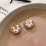 El Regalo Luxury Pearl & Zircon C Half Hoop Earrings for Women - 14K Gold Plated Pave Crystal Studs | Elegant Party Jewellery | Ideal Gift for Anniversary, Wedding & Birthdays (Gold)
