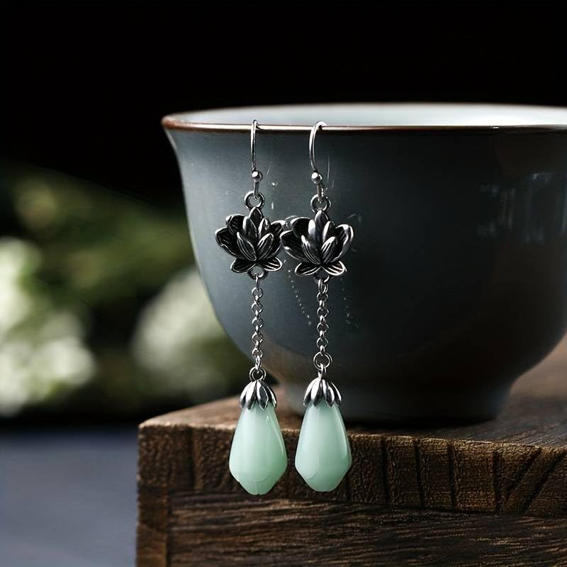 El Regalo Women's & Girl's Silvery Classical Lotus Faux Jade Tassel Earrings- Retro Ethnic Style Lotus Earrings in Antique Silver Finish