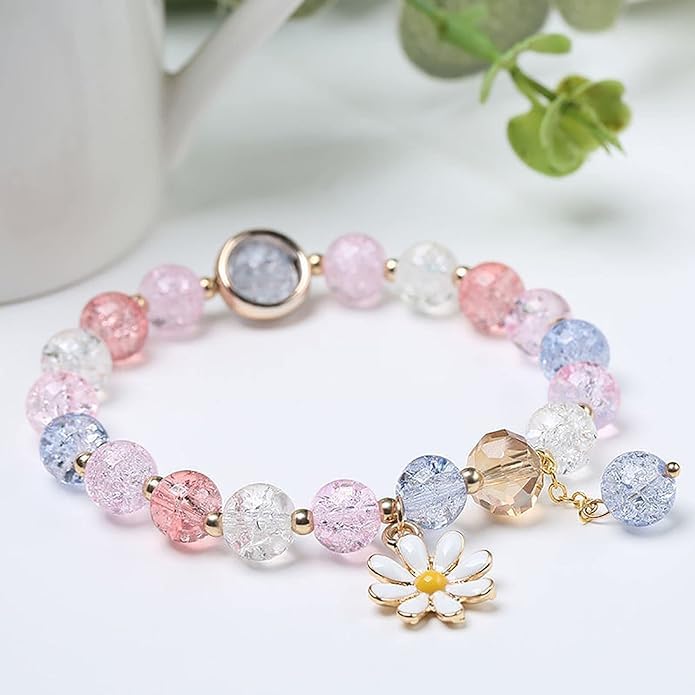 El Regalo 1 PC Dailsy Flower Sparkly Crystal Beads Tassel Bracelet for Girls/Teens/Women- Cute Crackle Beads Daisy Flower Stretch Bracelet (Multi Colored)