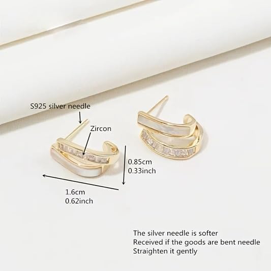 El Regalo Double Row C-Hoop Earrings for Women & Girls | Hypoallergenic Geometric Studs | Cubic Zirconia & Enamel/Shell Inlay | Elegant Daily, Office & Party Earrings Jewellery (White)