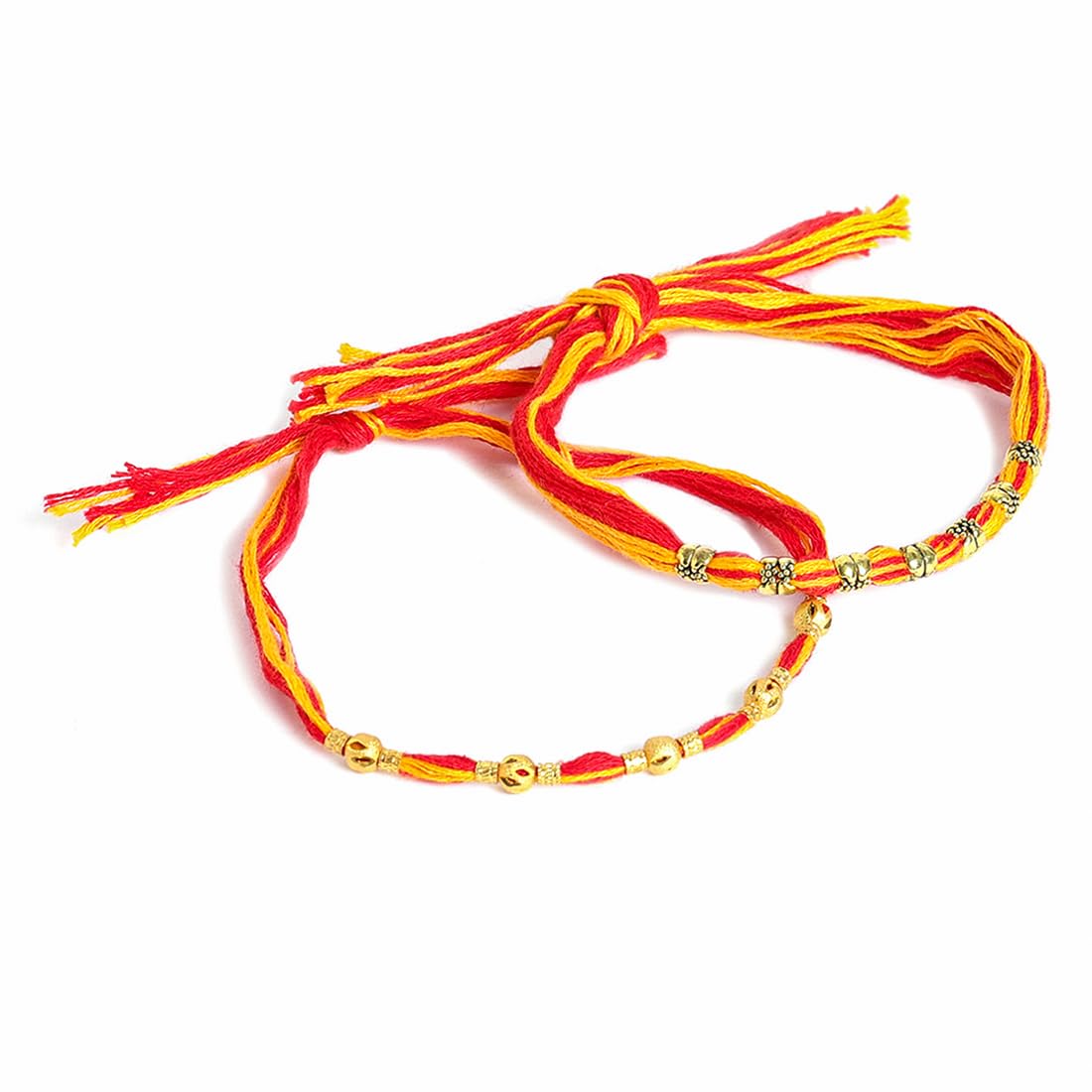 El Regalo 2PCs Red & Yellow Moli Thread Rakhi Combo Set for Brother- Auspicious OM, Ganesha, Satiya, Lion etc. Mauli Rakhi with Roli Chawal Shagun, Message Card in Rakhi Gift Box (Option-5)