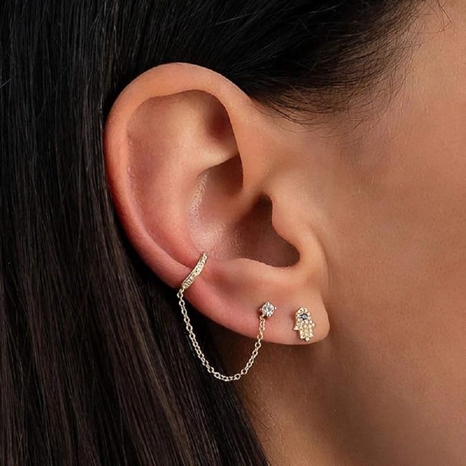 El Regalo Classy CZ Stud Chain Climber Crawler Cuff Earrings for Women, Fancy Minimalist Dainty Ear Cuffs with Link Chain, Non-Pierced Cartilage Helix Wrap Jewelry Gift (Gold)