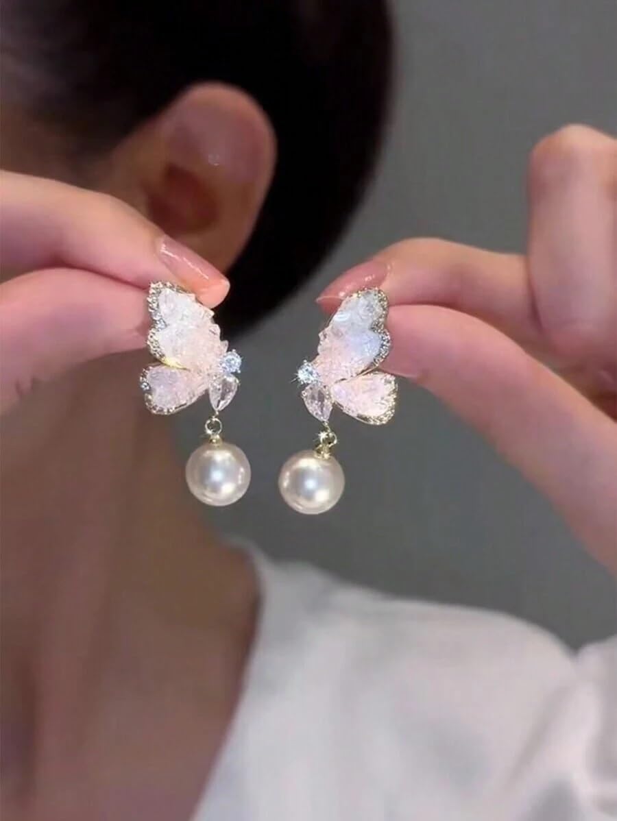 El Regalo Beautiful Gradient Butterfly Pearl Drop Crystal Earrings- Elegant Butterfly Statement Earrings for Girls & Women (Pink)