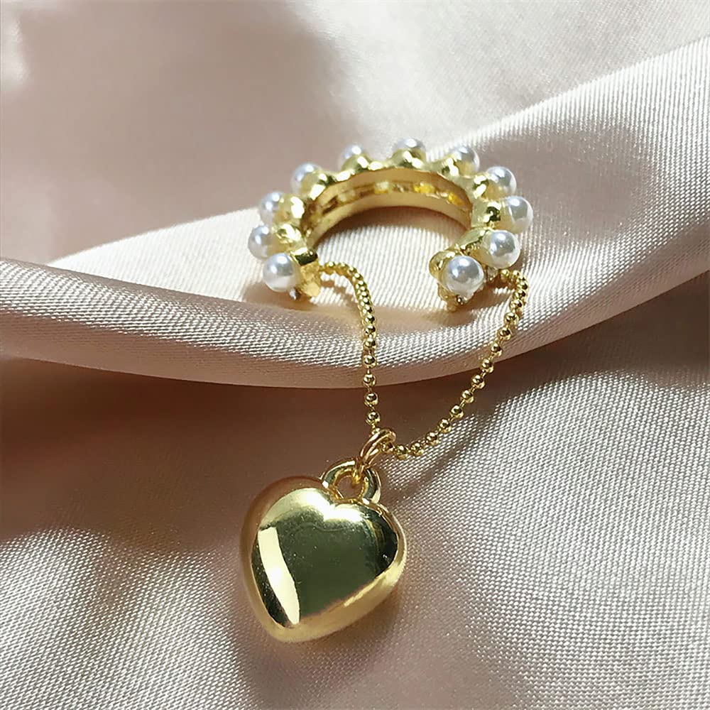 FUTIMELY Pearl Hoop Earrings Heart Chain Ear Cuff, Adjustable Non-Piercing Cartilage Clip On Earrings 2PCS Set for Women