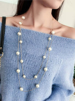 El Regalo Layered Faux Pearl Long Necklace for Women & Girls - Bohemian Chic Statement Jewelry | Simulated Pearls & Brass Snake Chain | Double Strand Sweater Necklace for Elegant Occasions (Gold)
