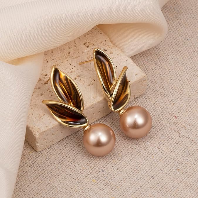 El Regalo Exquisite Champagne Leaf Pearl Drop Earrings for Women - Vintage Glossy Pearl Leaf Stud Earrings - Elegant Jewelry for Special Occasions