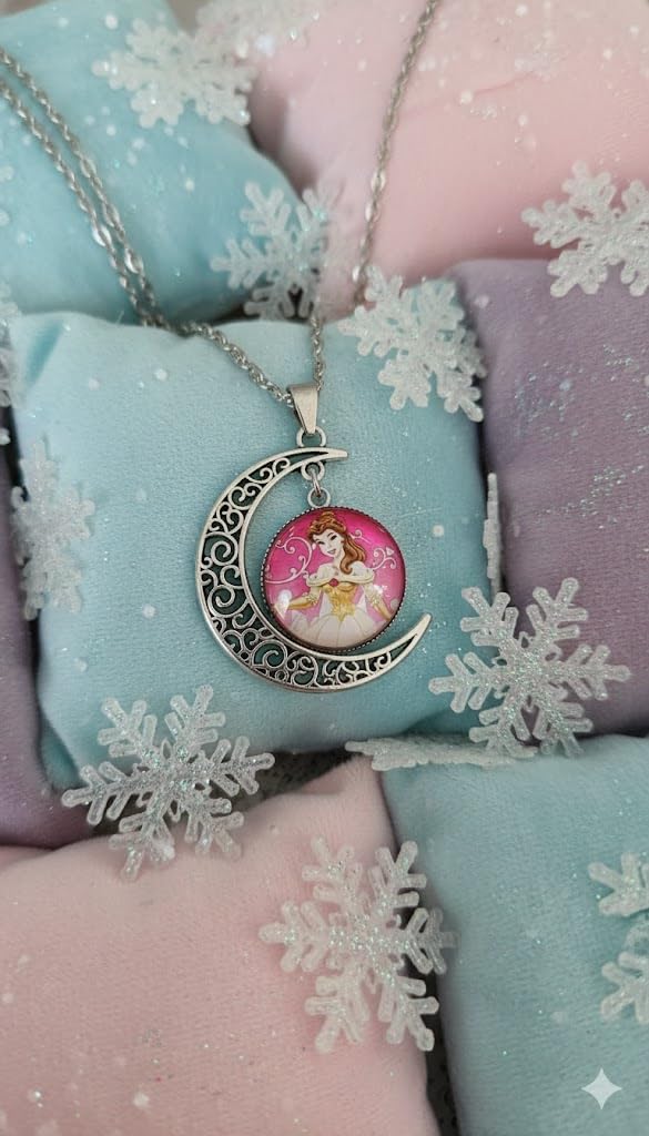 El Regalo Princess Crescent Moon Pendant Necklace for Girls- Enchanted Fairytale Character Jewelry with Filigree Detail, Silver-Tone Chain, Perfect Birthday Return Gift or Party for Toddlers and Kids (Style-4)