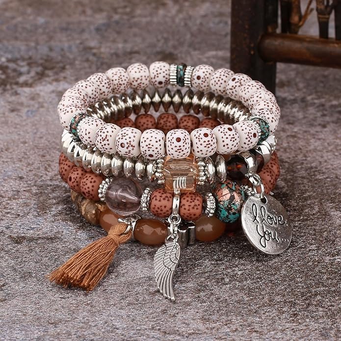 El Regalo 4Pcs/Set Vintage Bohemia Style Wing Beads Tassel Unisex Bracelet - Stackable Multi-layer Modern Charm Bracelets with Wings and I Love You Charms Bracelets (Musturd Yellow)