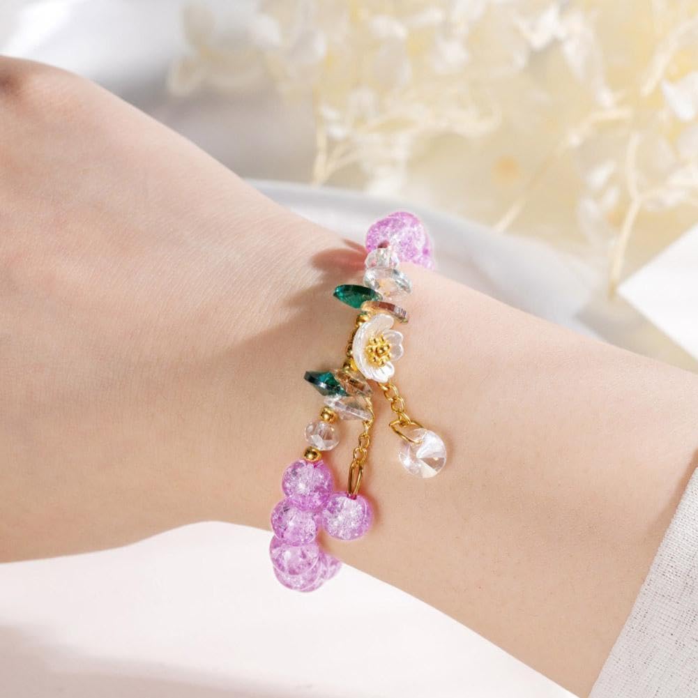 El Regalo Daisy Flower Bracelets- 1PC Crackled Crystal Beads Tassel Flower Charms Bracelet for Girls & Women (Purple)
