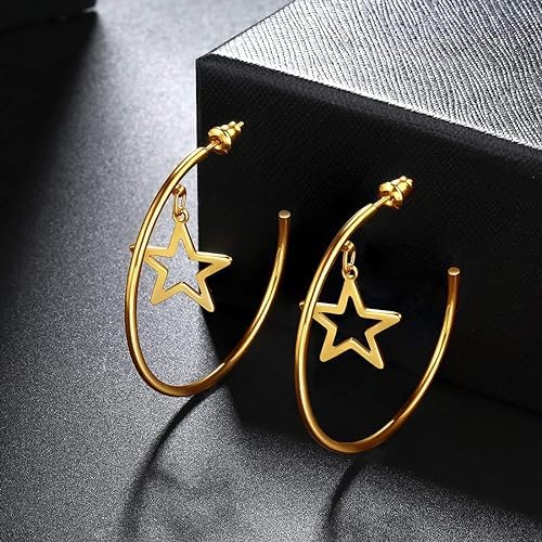 El Regalo Western Stainless Steel Drop Star Hoop Earrings for Women/Girls- Fashion Statement Star Big Circle Open Hoop Party Earrings