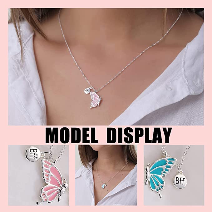 El Regalo Cute BFF Necklaces for 2, Enamel Butterfly Friendship Necklace for Teen Girls Women - Gift for Best Friends/Besties/Sisters (Silver)
