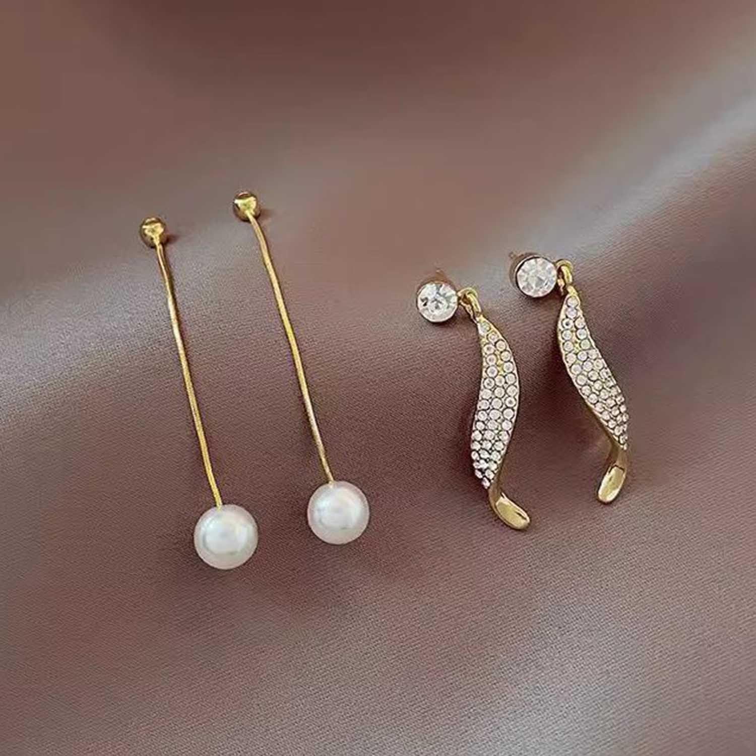 El Regalo Fancy Pearl Earrings- Pearl Zircon Inlaid Dangle Earrings for Girls & Women- Pearl Tassel Long Earrings (Pearl Tassel Ear Jacket)