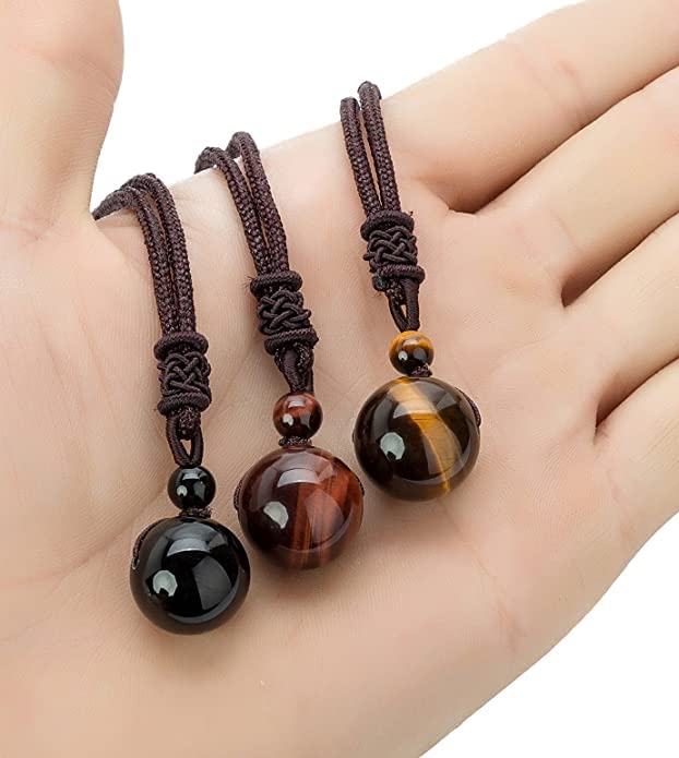 El Regalo 3 PCs Unisex Healing Crystals Necklace- Tiger Eye, Obsidian, Red Tiger Eye Chakra Beads Stone Adjustable Pendant Necklace for Women Men Girls Boys