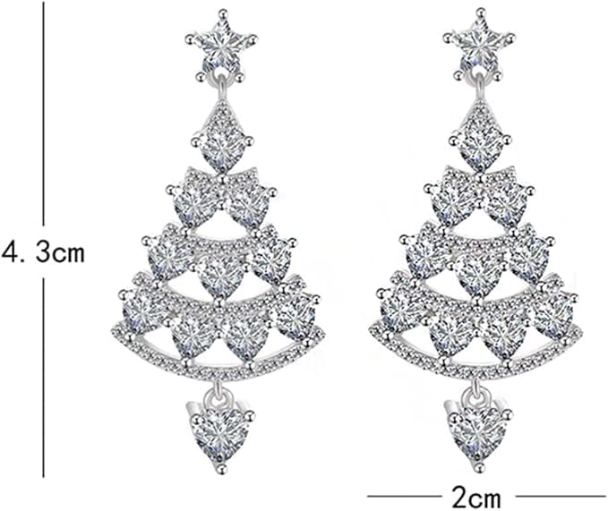 El Regalo CZ Dangling Christmas Tree Stud Earrings for Women & Girls- Rhinestone In-Laid Christmas Tree Dangle Earrings (Silver)
