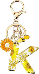 El Regalo Personalized Name Initials Natural Flowers & Bee Charm Keychain - Custom Letter Keyring with Daisy Flower & Honey Bee Pendant, Purse, Bag, Backpack Accessory (Letter K)