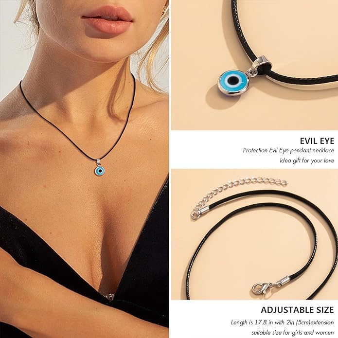El Regalo 2PCs Evil Eye Necklaces Combo Set- Blue Eyes Amulet Pendant Dainty Ojo Gold Cord Necklace for Women & Girls