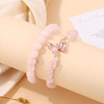 El Regalo 2PCs Natural Crystals Butterfly Bracelets Set- Real Crystals Healing Stones Bracelet Combo for Women (Pink Rose Quartz)
