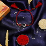 El Regalo Auspicious Shiva Trishool Red Stone Designer Thread Rakhi for Brother- Antique Trident Rakhi with Roli Chawal Shagun, Message Card in Rakshabandhan Gift Box