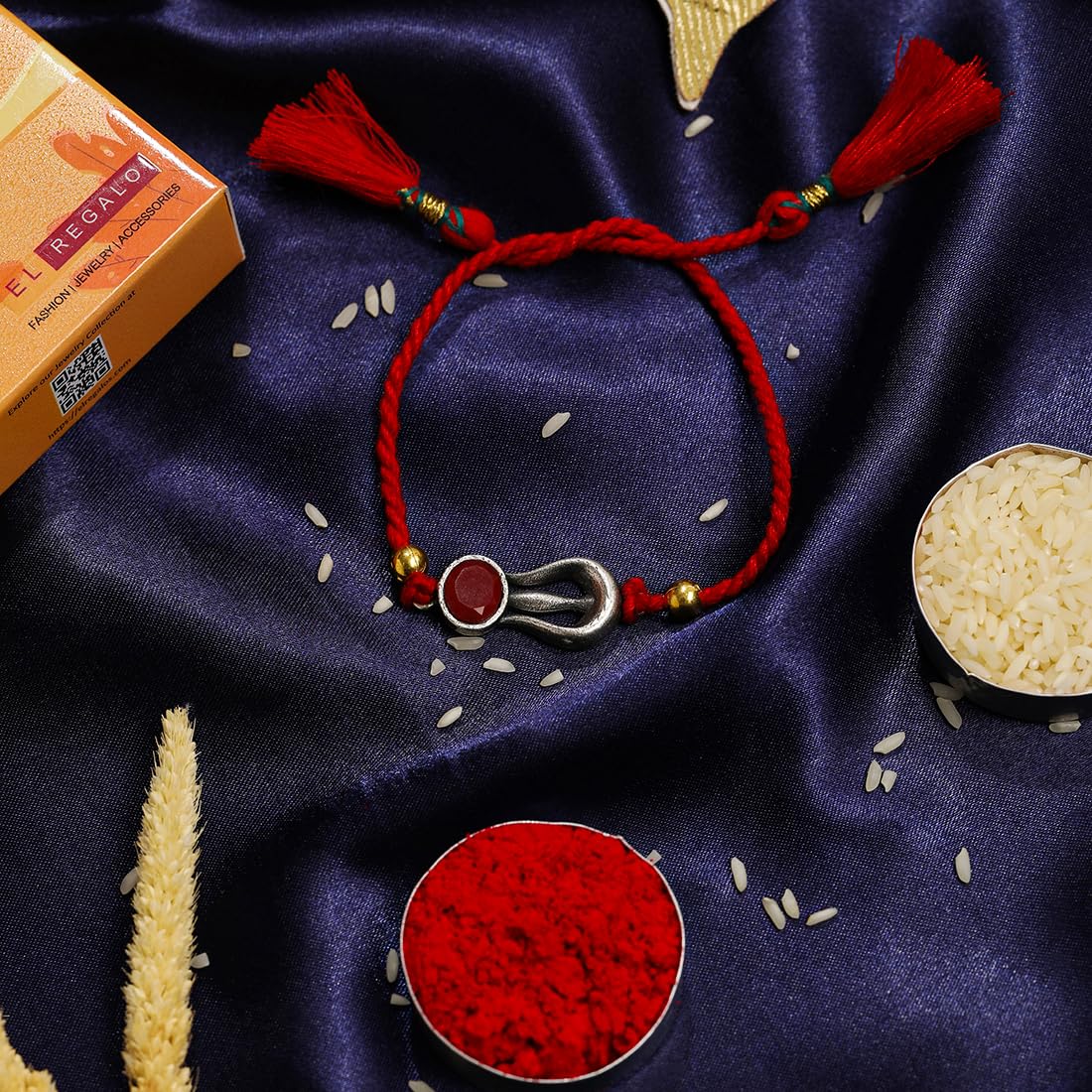El Regalo Auspicious Shiva Trishool Red Stone Designer Thread Rakhi for Brother- Antique Trident Rakhi with Roli Chawal Shagun, Message Card in Rakshabandhan Gift Box