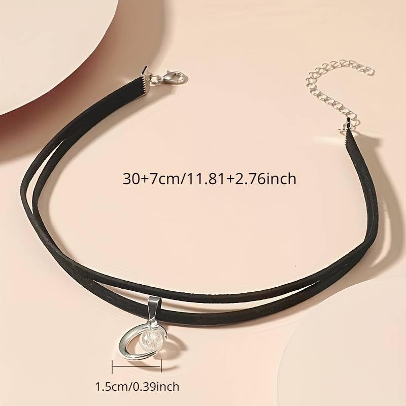 El Regalo Gothic Punk Crescent Moon with Bead Choker Necklace for Girls & Women- Hippie Double Layers Suede Crescent Moon Choker