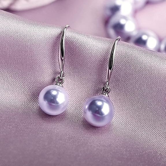 El Regalo Elegant 3-Piece Pearls Jewelry Set Includes Strand Mala, Stunning Bracelet & Dangle Earrings | Premium 8mm Round Shell Pearl Necklace Set for Women | Luxury Party Gifting (Purple)