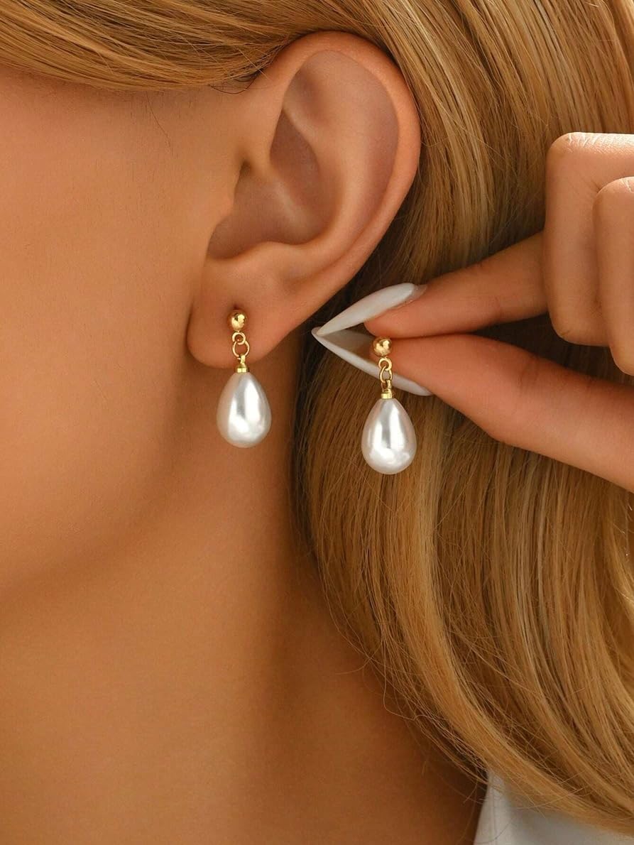 El Regalo Elegant Teardrop Faux Pearl Drop Earrings for Women & Girls - High-Luster Synthetic Pearl Jewelry in 18K Gold & Silver Finish | Cute & Fancy Pearls Earrings (Gold)
