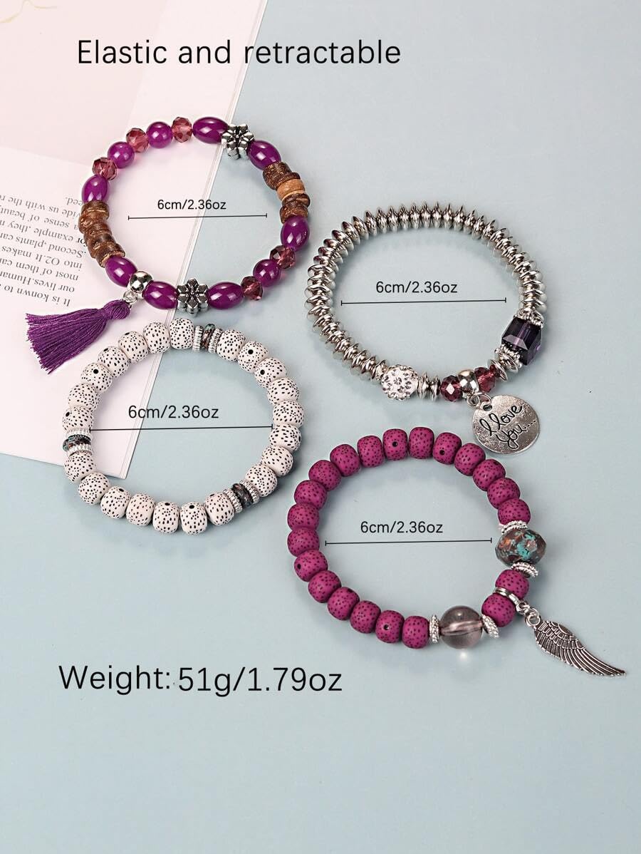 El Regalo 4Pcs/Set Vintage Bohemia Style Wing Beads Tassel Unisex Bracelet - Stackable Multi-layer Modern Charm Bracelets with Wings and I Love You Charms Bracelets (Wine)